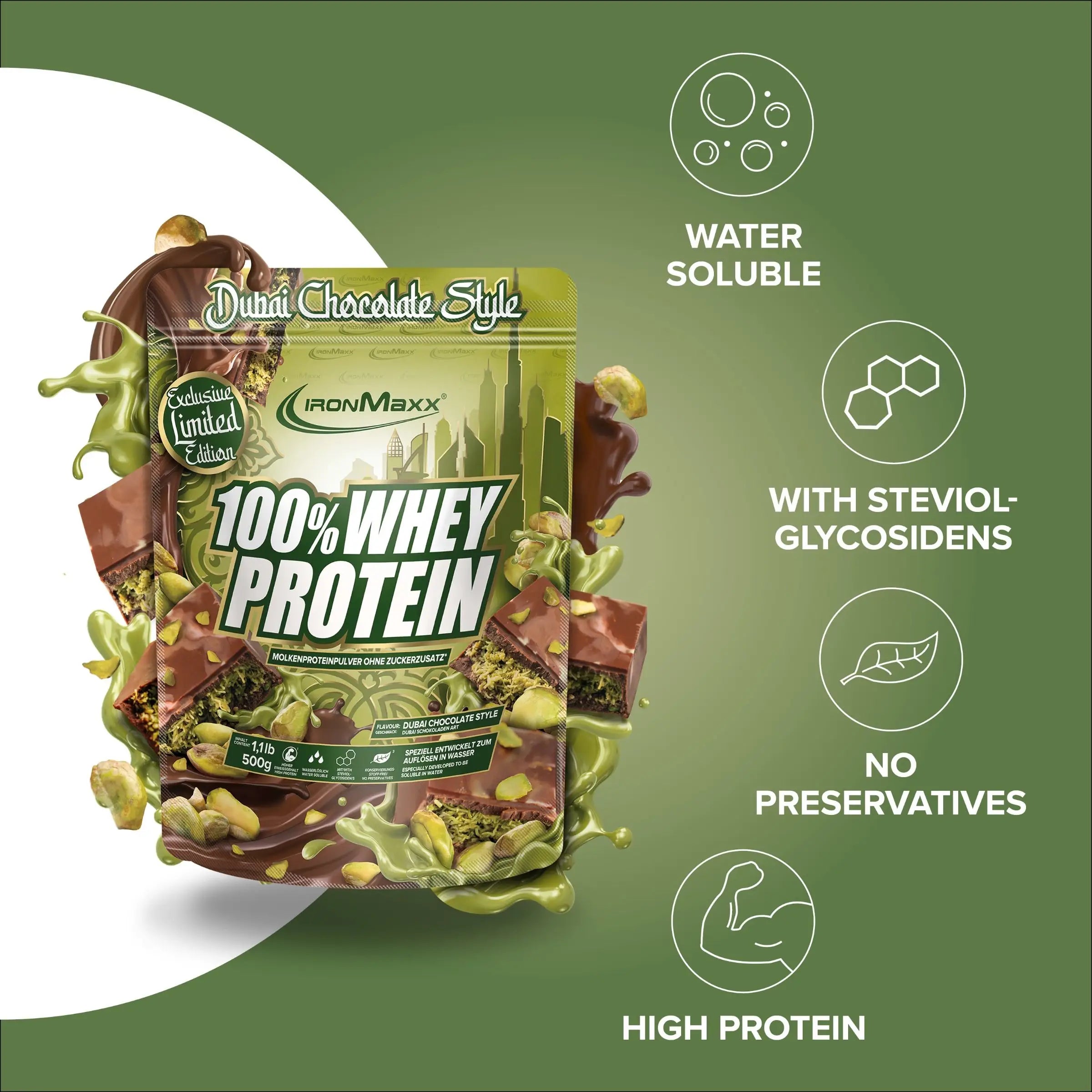 100% Tejsavófehérje Dubai Csokoládé Íz 500g - IronMaxx